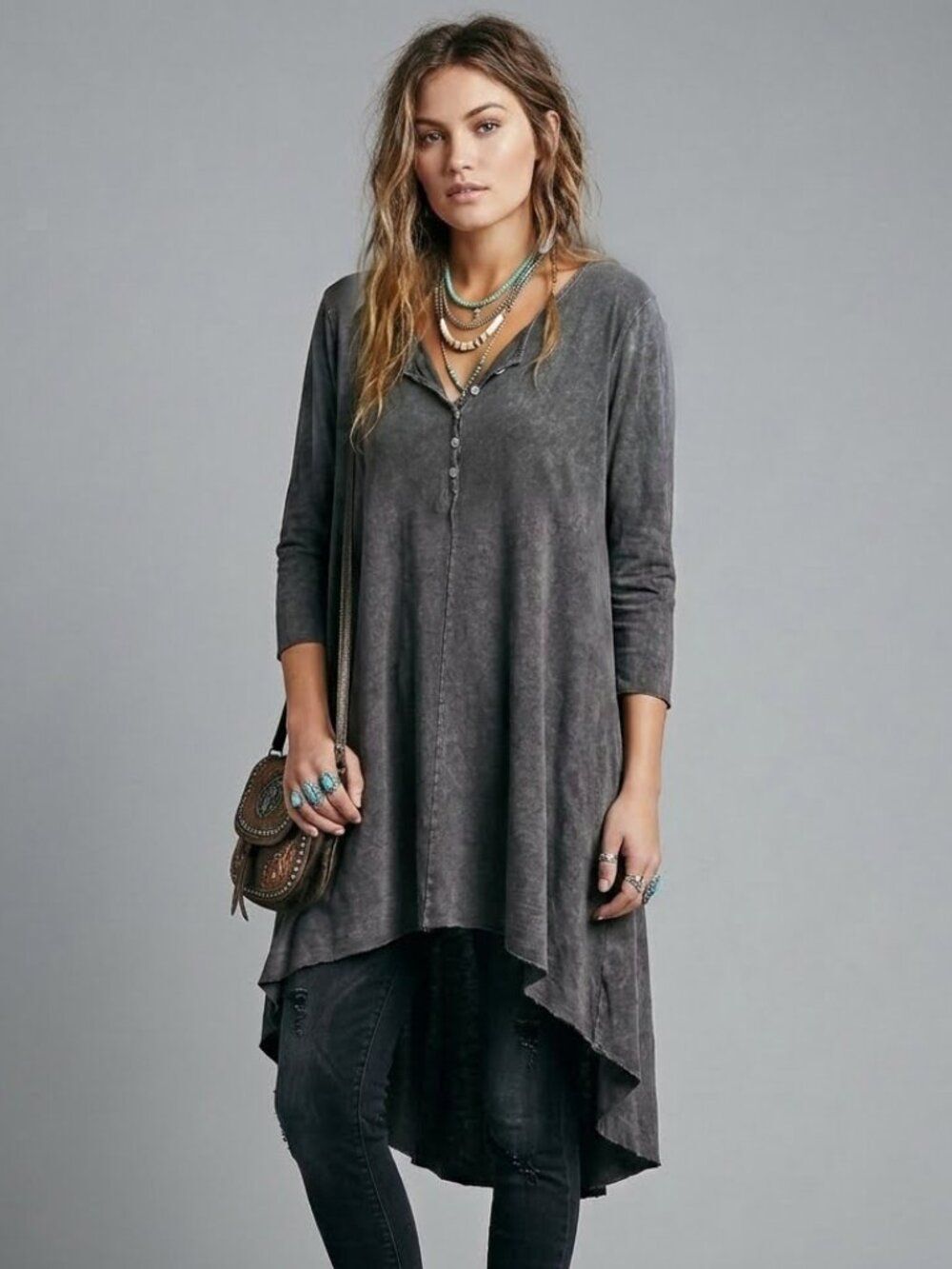 Indigo Thread Co Gray Mineral Wash Henley High Low Tunic Dress Boho Women Large